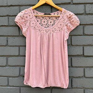 VTG USA Made Soprano Puff Cap Sleeve Dusty Rose Lace Crotched Detail Blouse Top